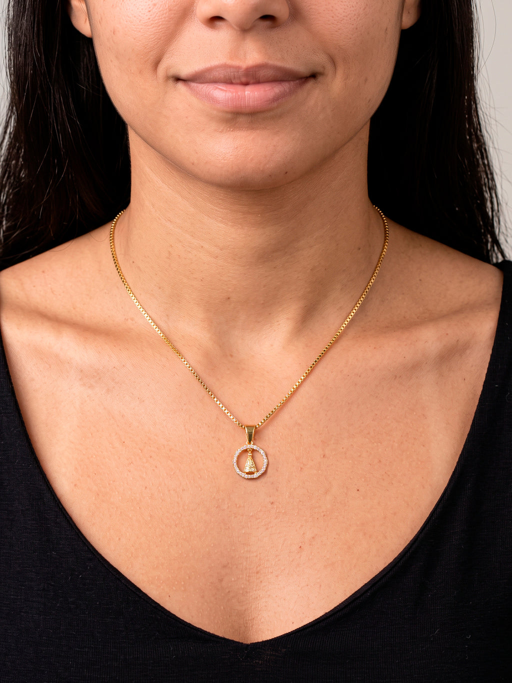 Corrente medalha redonda Nossa Senhora cravejada - veneziana - banhado a ouro 18k - foto 2