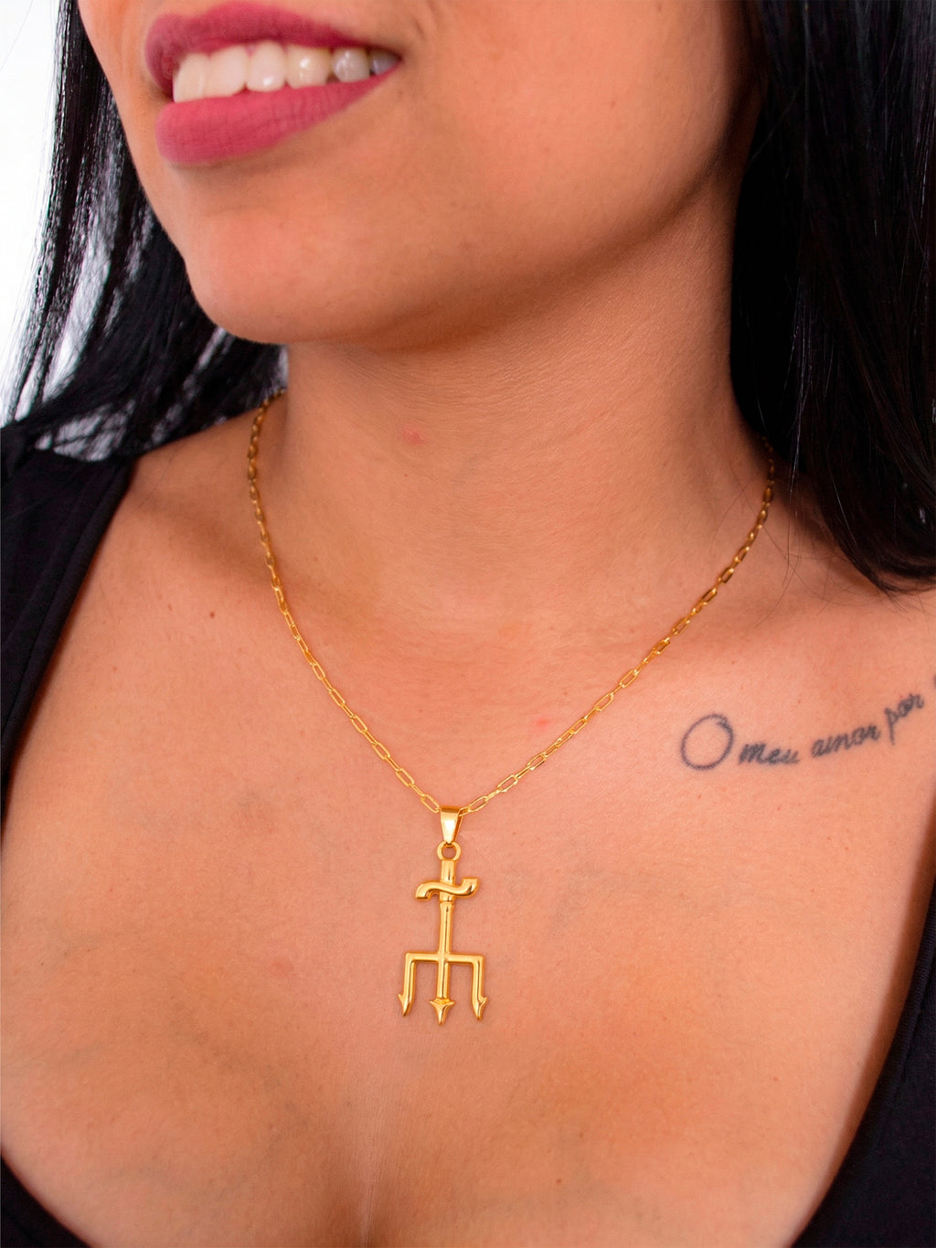 Corrente Tridente de Exu - elo longo - banhado a ouro 18k - foto 2