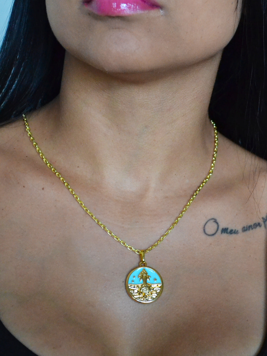 Corrente medalha Iemanjá azul - cadeado - banhado a ouro 18k - foto 3