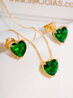 Conjunto coração verde - colar e brincos - banhados a ouro 18k