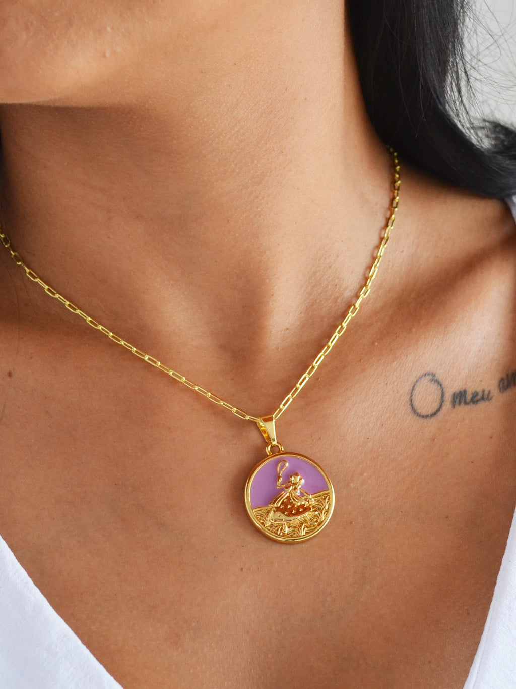 Corrente medalha Nanã roxo - elo longo - banhado a ouro 18k - foto 2