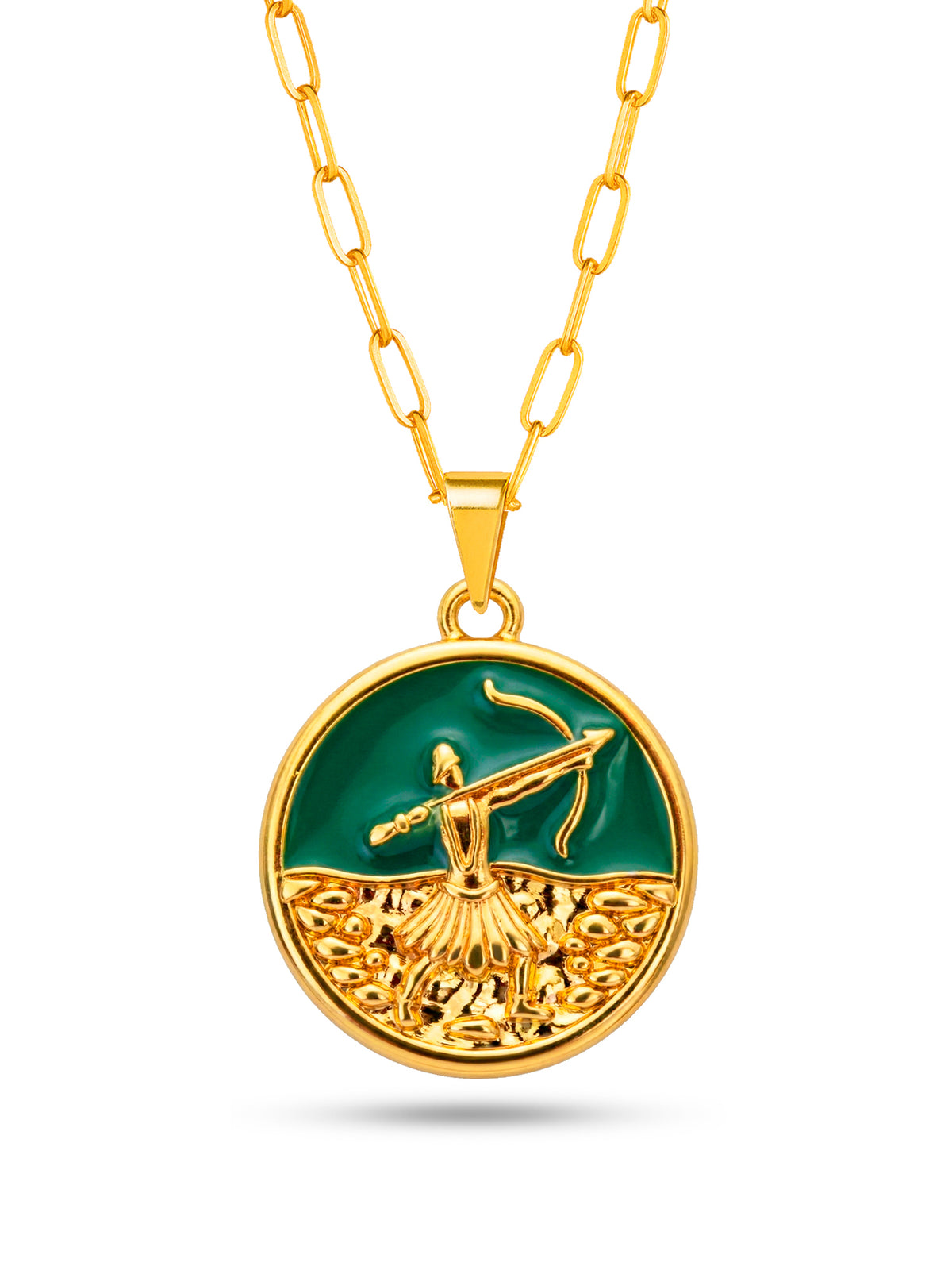 Corrente medalha Oxossi verde  - elo longo - banhado a ouro 18k