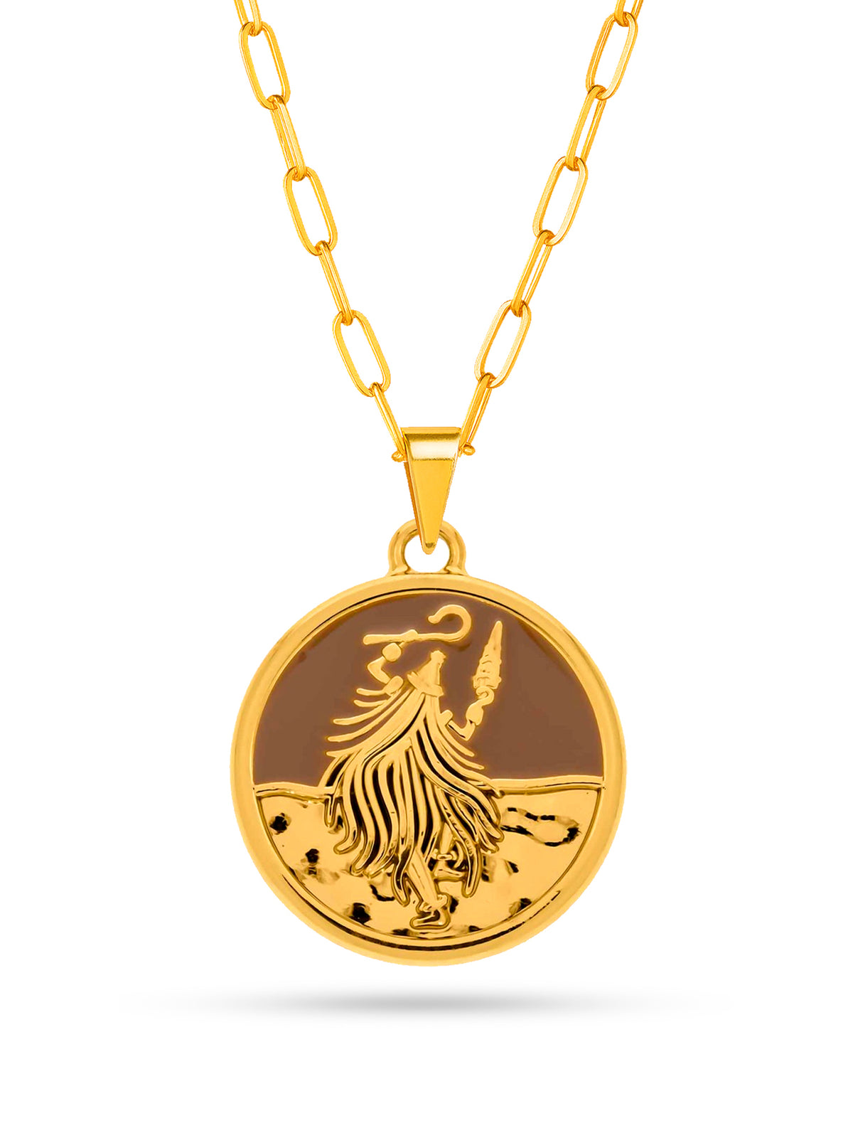 Corrente medalha Omolú marrom - elo longo - banhado a ouro 18k