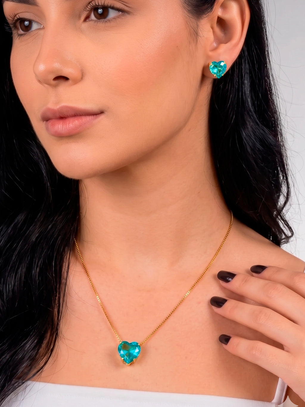 Conjunto coração azul - colar e brincos - banhados a ouro 18k