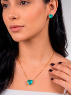 Conjunto coração azul - colar e brincos - banhados a ouro 18k