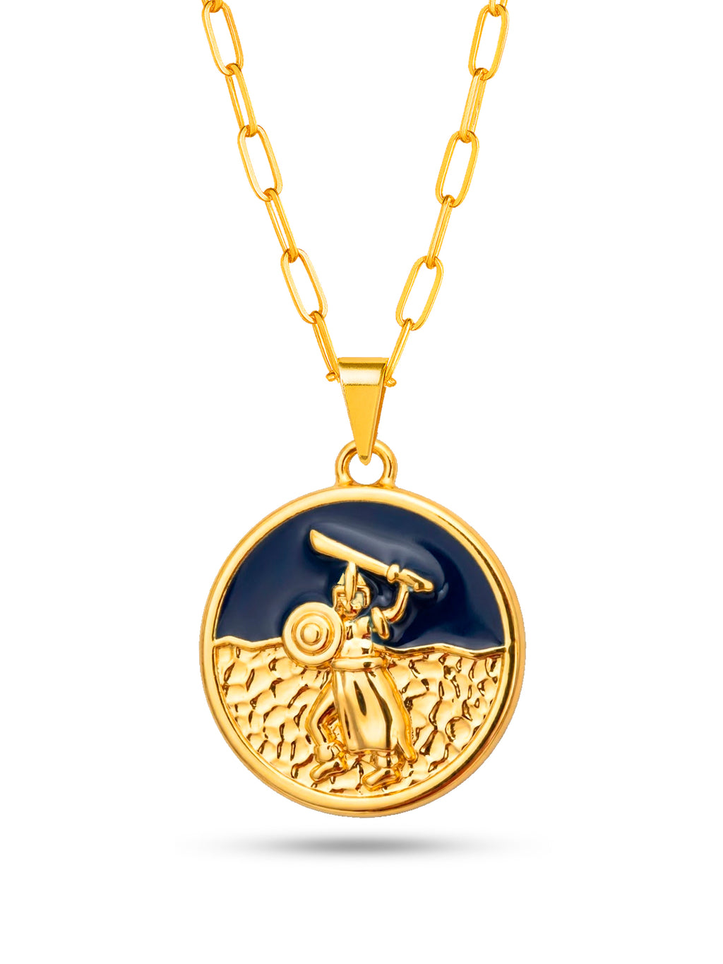 Corrente medalha Ogum azul - elo longo - banhado a ouro 18k