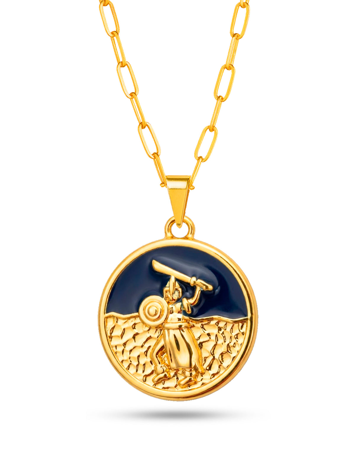 Corrente medalha Ogum azul - elo longo - banhado a ouro 18k