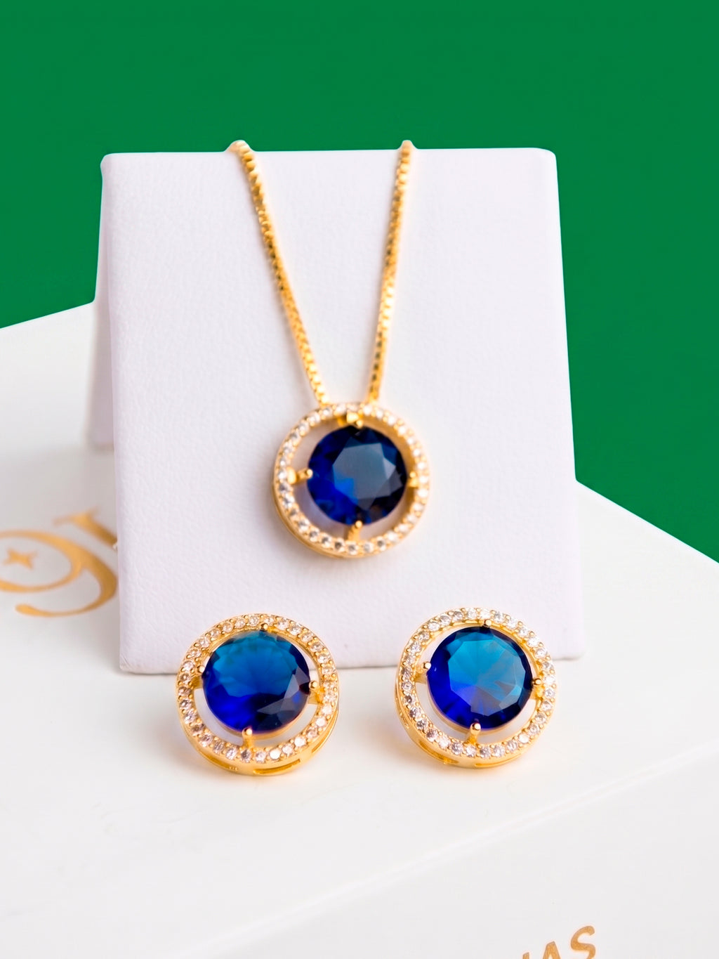 Conjunto pedra azul - colar e brincos - banhado a ouro 18k