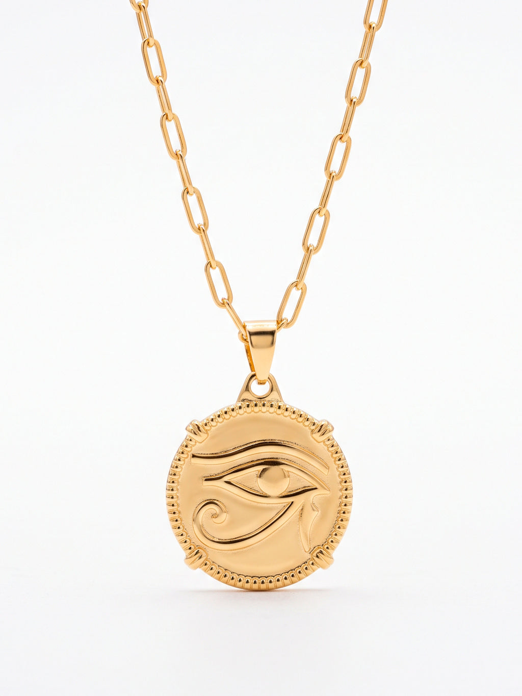 Corrente medalha olho de Hórus - elo longo - banhado a ouro 18k