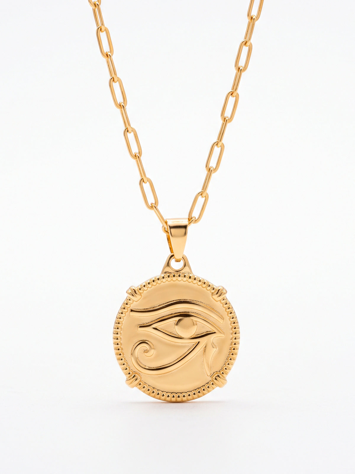 Corrente medalha olho de Hórus - elo longo - banhado a ouro 18k
