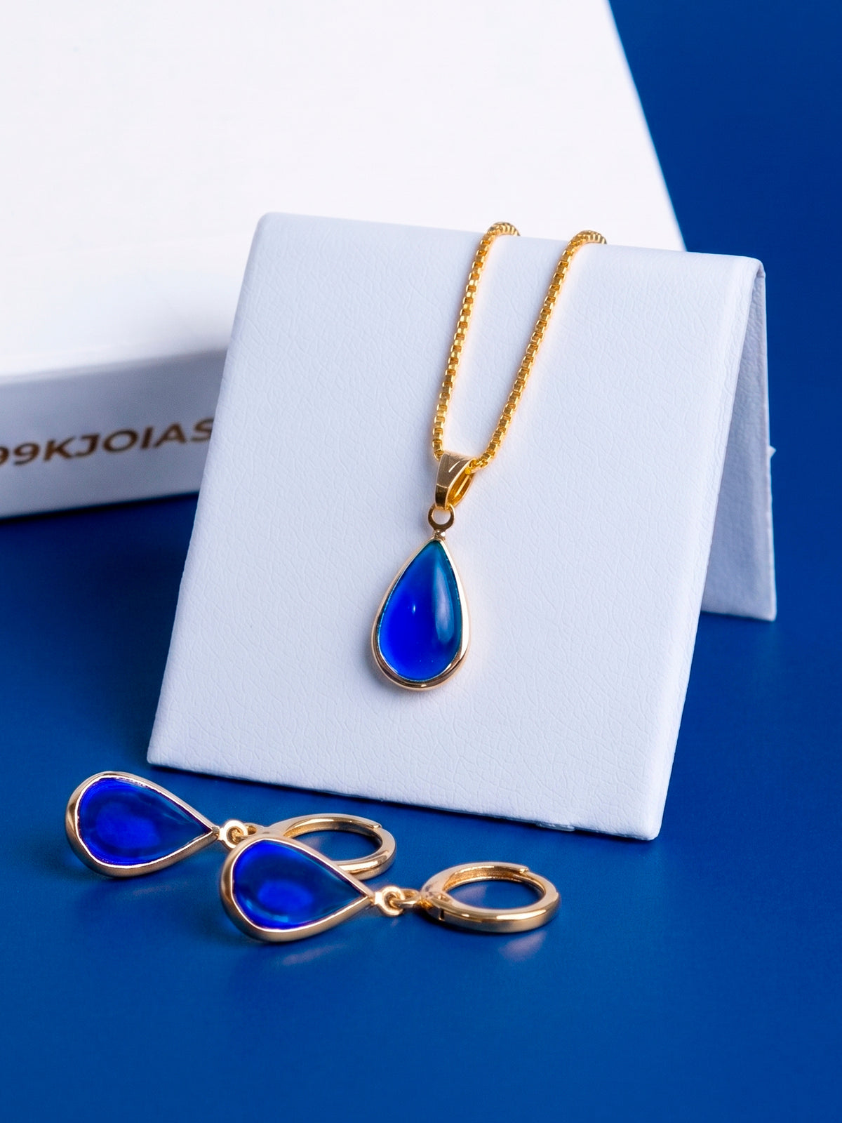 Conjunto gota azul - colar e brincos - banhado a ouro 18k
