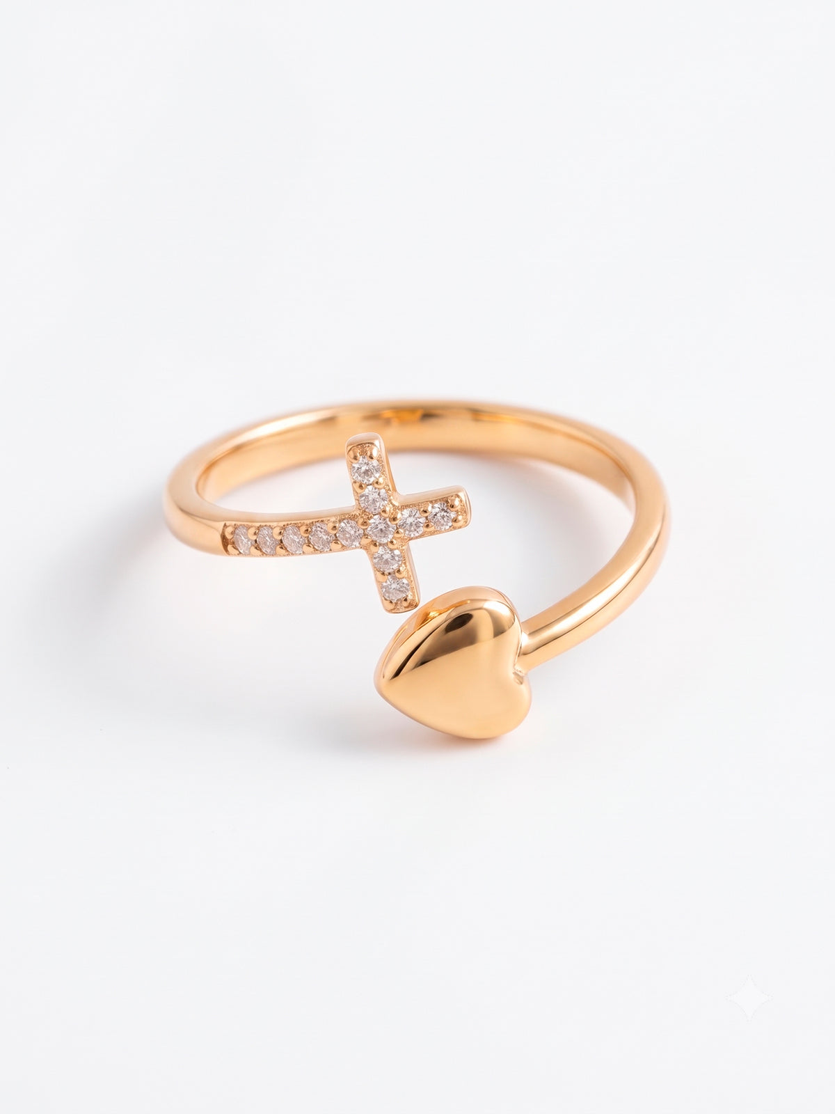 Anel cruz coração - ajustável - banhado a ouro 18k
